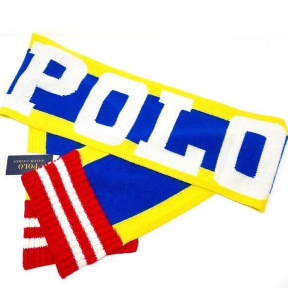 Polo Ralph Lauren * Unisex Yellow Multi Hi Tech Color Block Logo Stadium Scarf - Picture 1 of 16